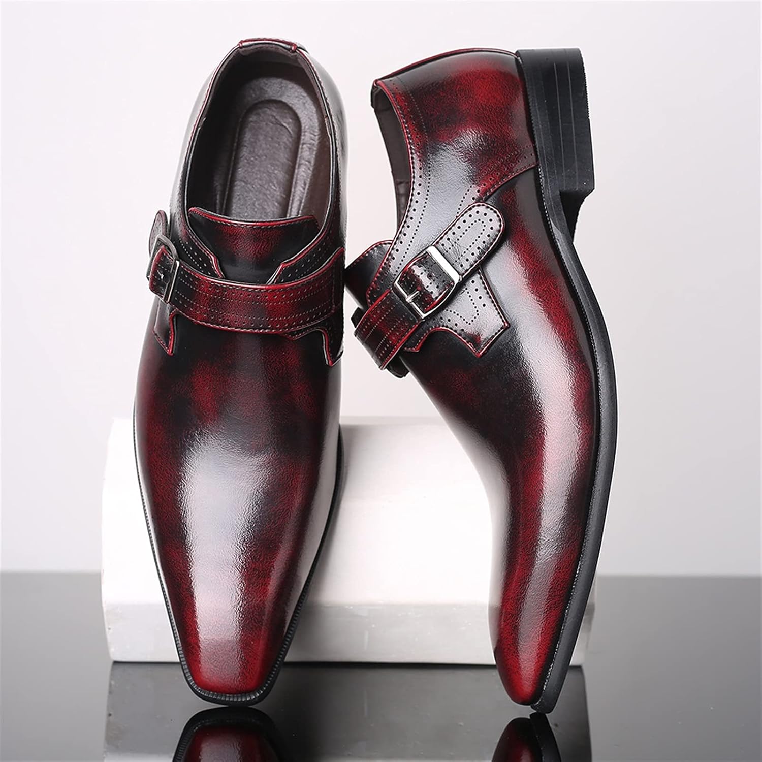 Мужские туфли Battle Men Retro Oxford из искусственной кожи с пряжкой в стиле монк, заостренный носок, на каблуке, однотонные, формальные, красный — фото 3