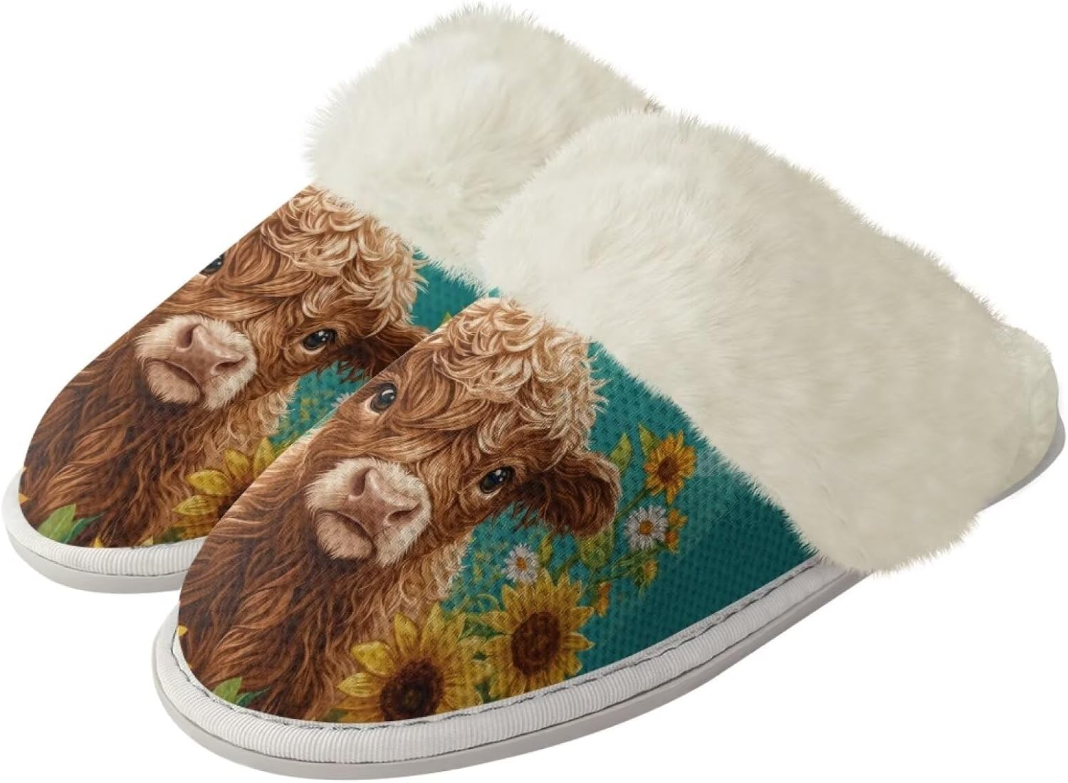 

Домашние тапочки для мужчин и женщин, зимние теплые тапочки на плоской подошве, мягкие плюшевые, закрытый носок, домашняя обувь с резиновой подошвой против скольжения для спа и ванной Watdotory, Sunflower Highland Cow Daisy