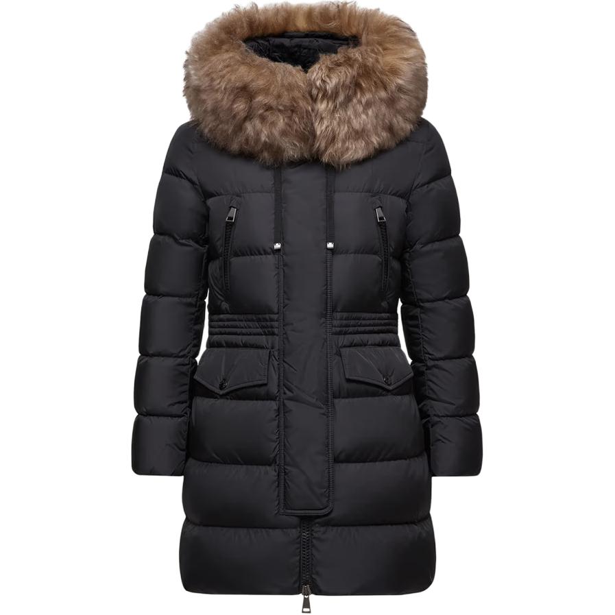 

Афроти Куртка удлиненная пуховая с капюшоном и отделкой из овчины женская Moncler, черный