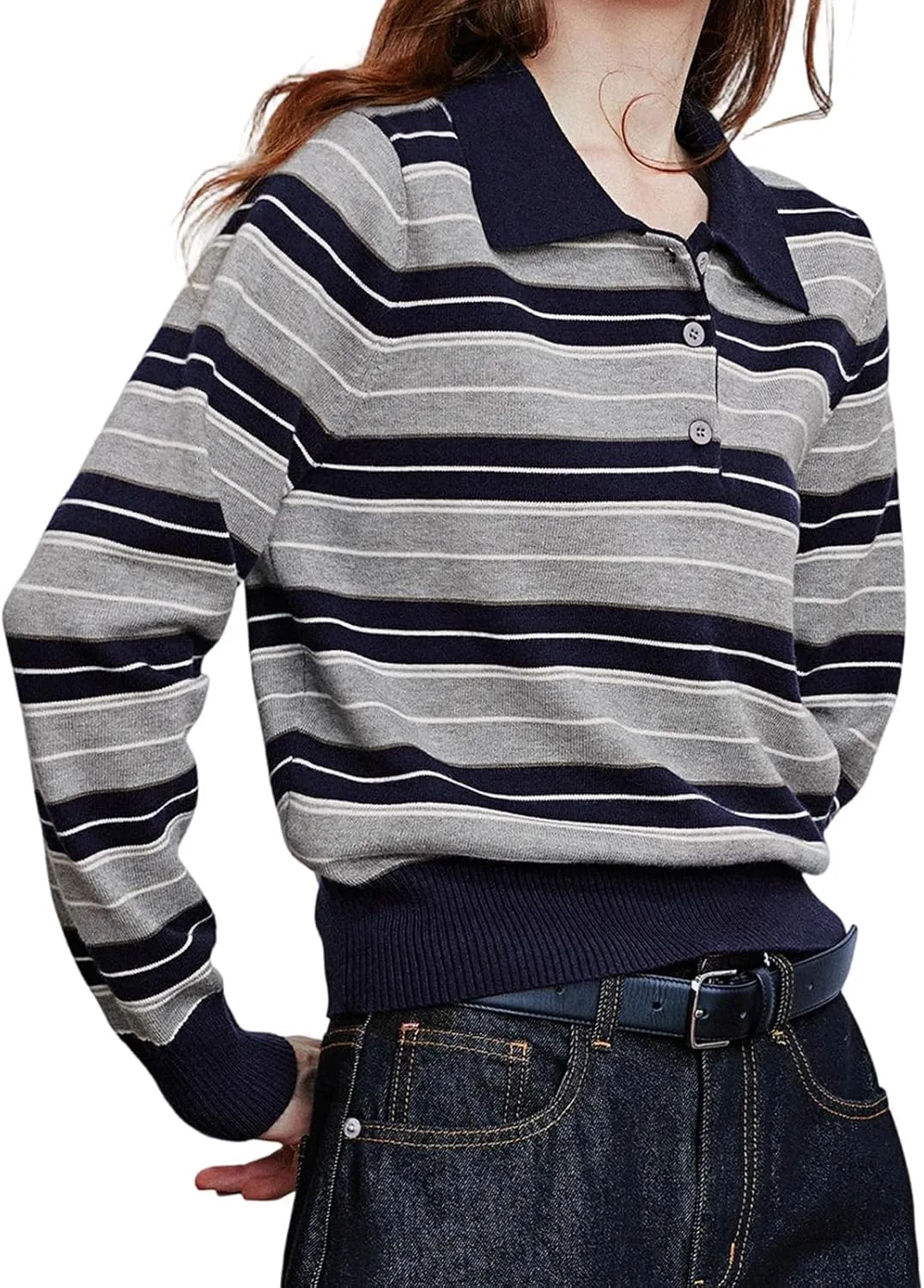 

Длинная рубашка с полосками и воротником-поло BSXDIKJU