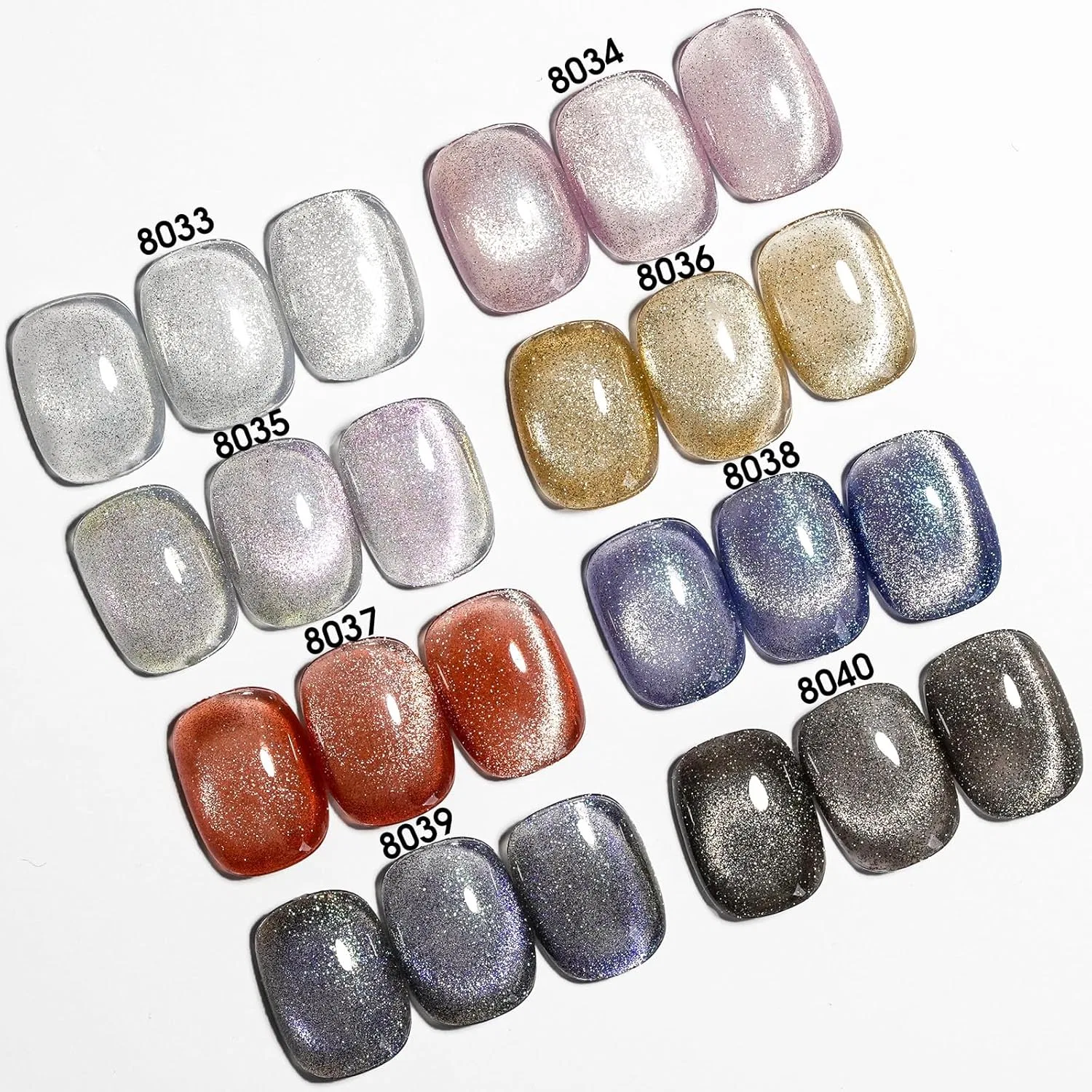Набор UV-гель-лаков CANNI Cat Eyes Glitter, 8 цветов Canni, Silver, Pink, Gold, Red, Blue, Black — фото 2