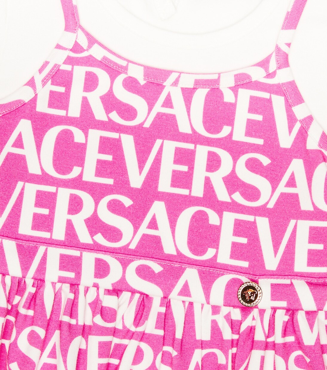 Платье из хлопкового трикотажа с логотипом для малышей Versace Kids, Bianco+Rosa — фото 3