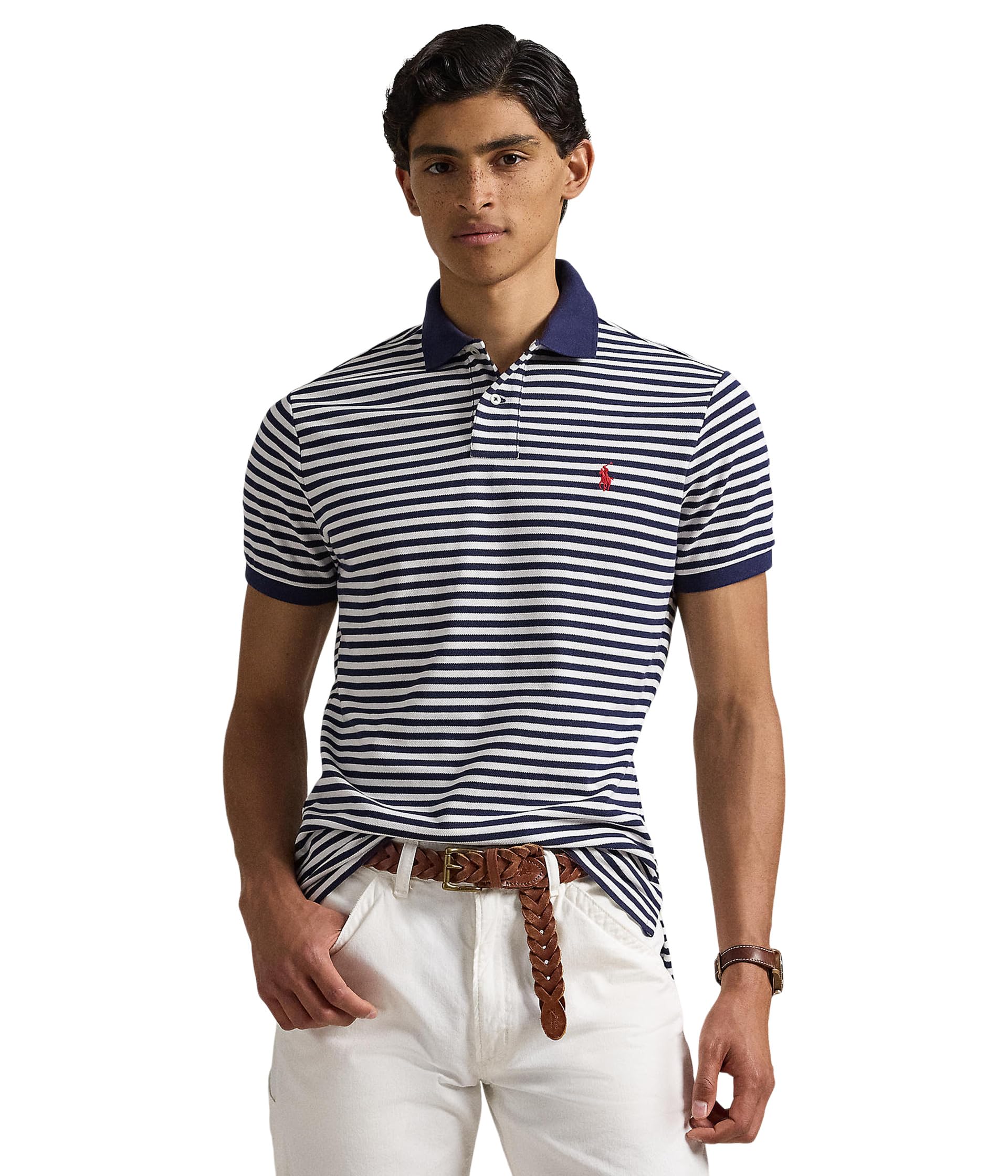 

Рубашка Polo Ralph Lauren Classic Fit Striped Mesh Polo Shirt, Deckwash White/Newport Navy
