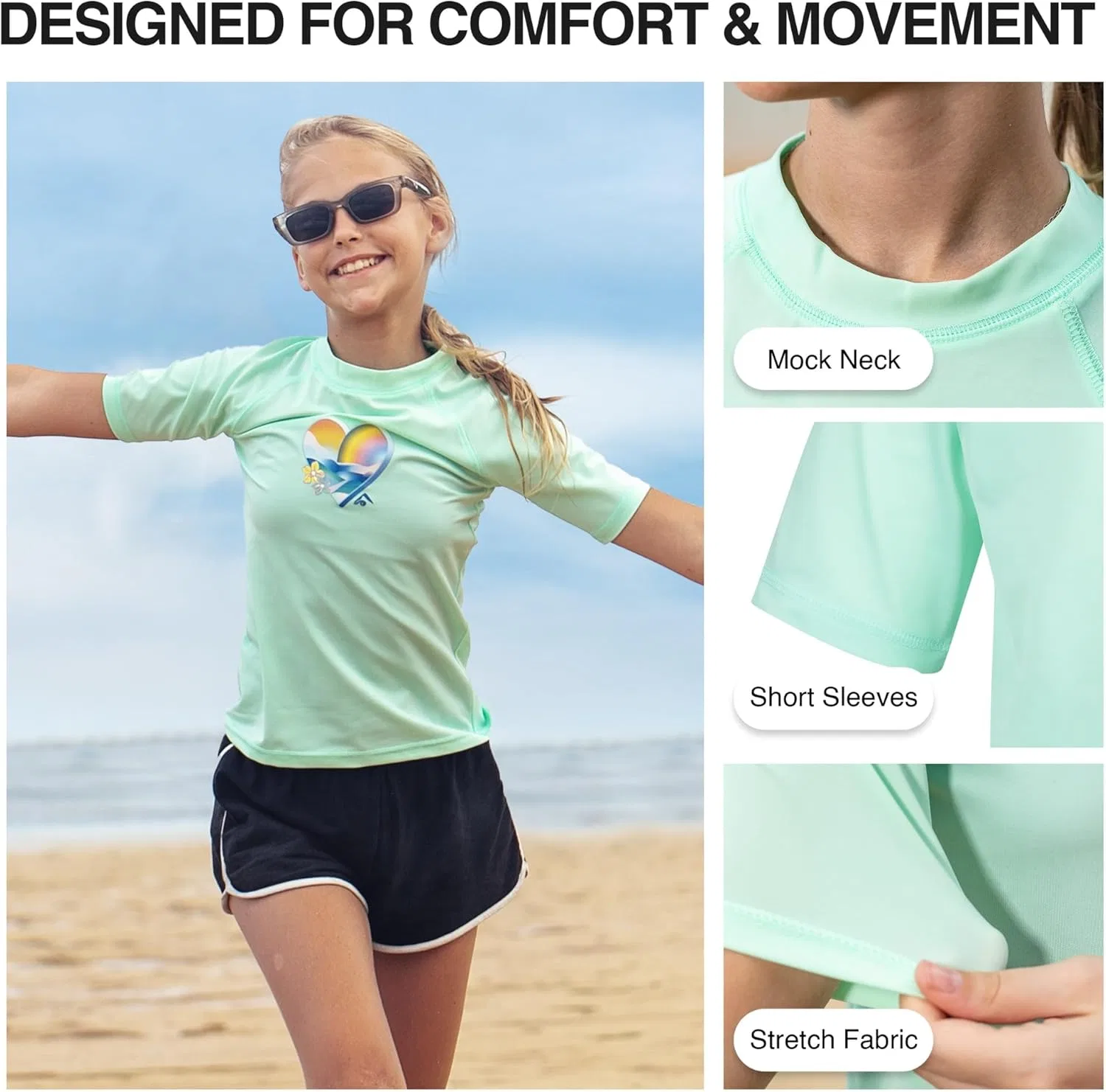 Футболка для плавания с коротким рукавом Kanu Surf Girls' Jade Rash Guard UPF 50+ с защитой от солнца, Fiona Ice Green — фото 4