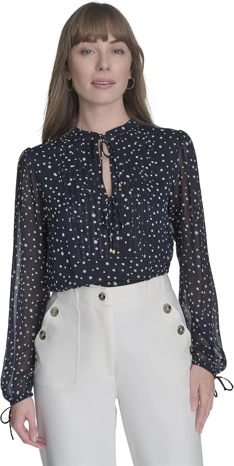 Блуза с принтом в горошек Long Sleeve Dot Print Tie Neck Blouse, Tommy Hilfiger, темно-синий/слоновая кость