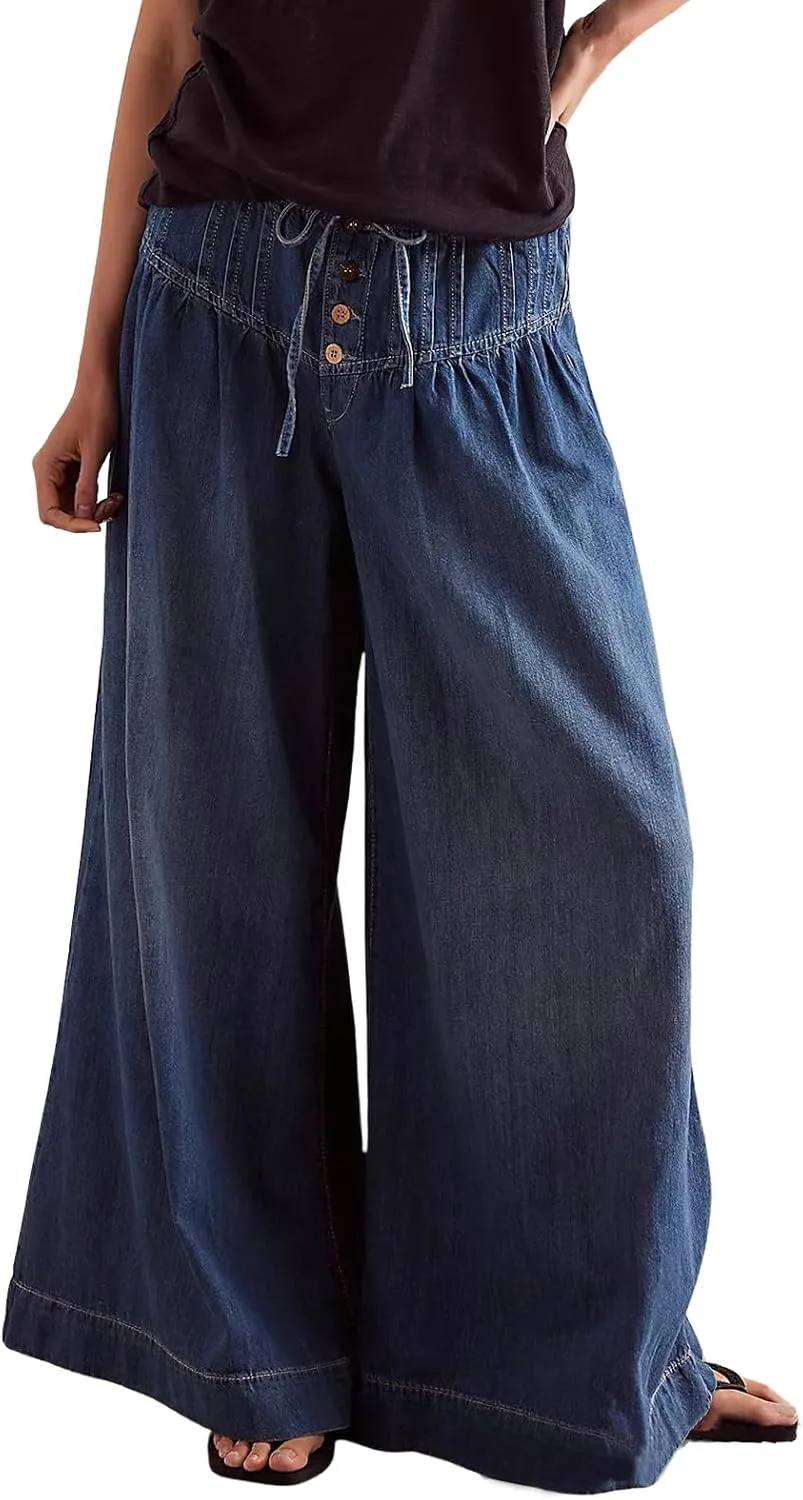 

Женские бочкообразные джинсы с кулиской, эластичные, с защипами, средней посадки, широкие, свободные, с карманами ebossy