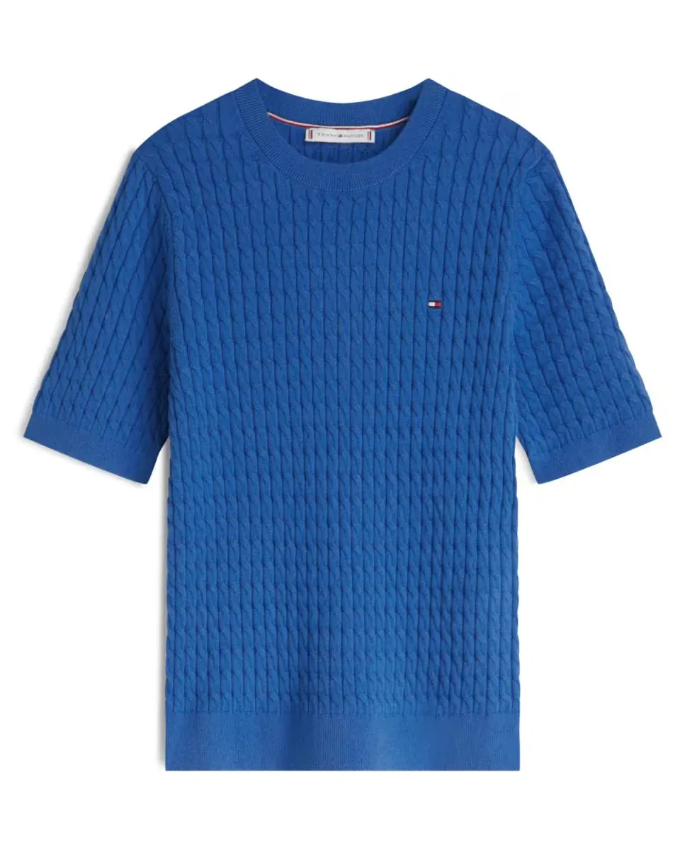 Вязаный женский джемпер с короткими рукавами и косами Tommy Hilfiger, индиго синий