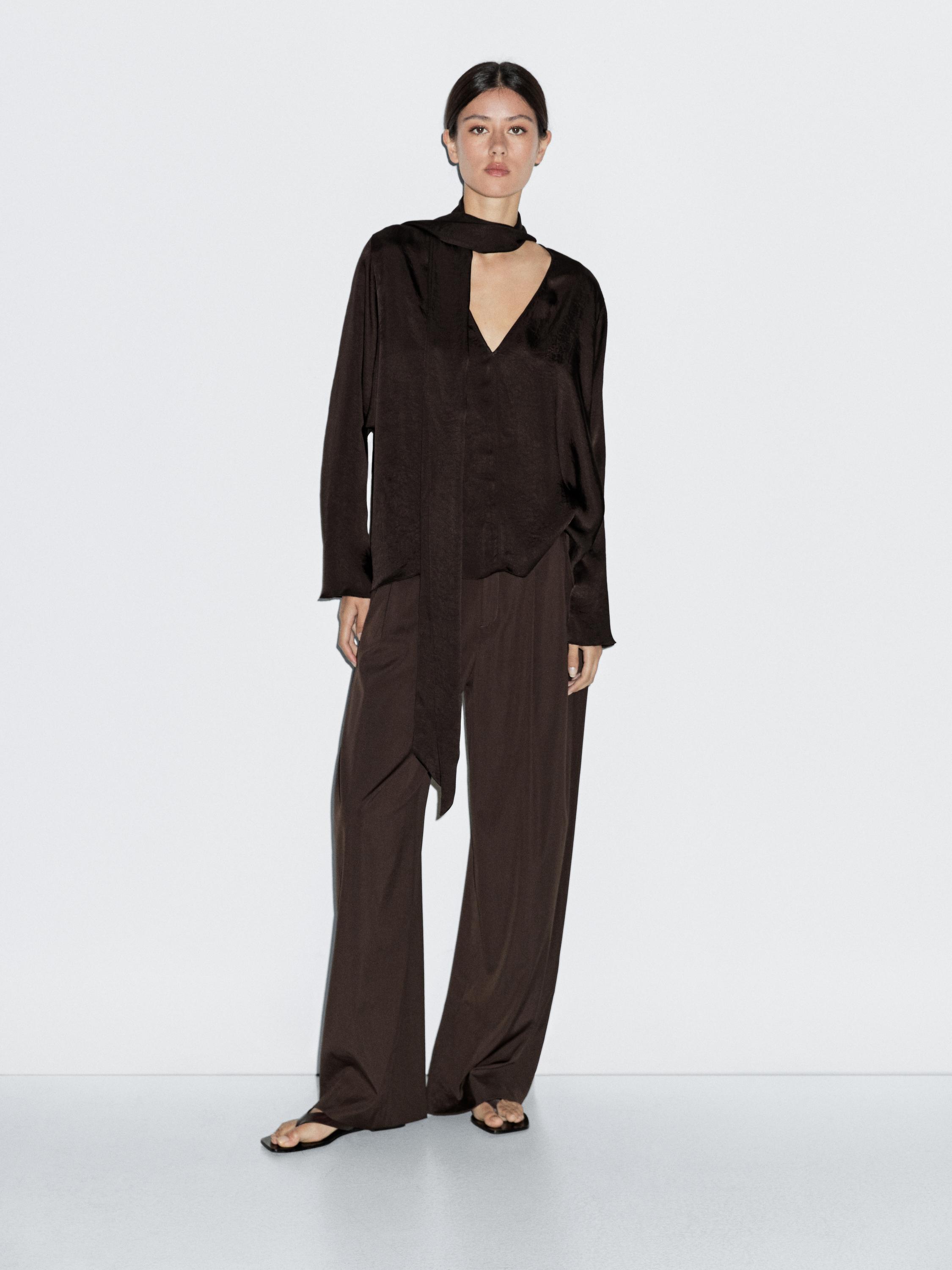 

Струящаяся блузка с галстуком Massimo Dutti, коричневый