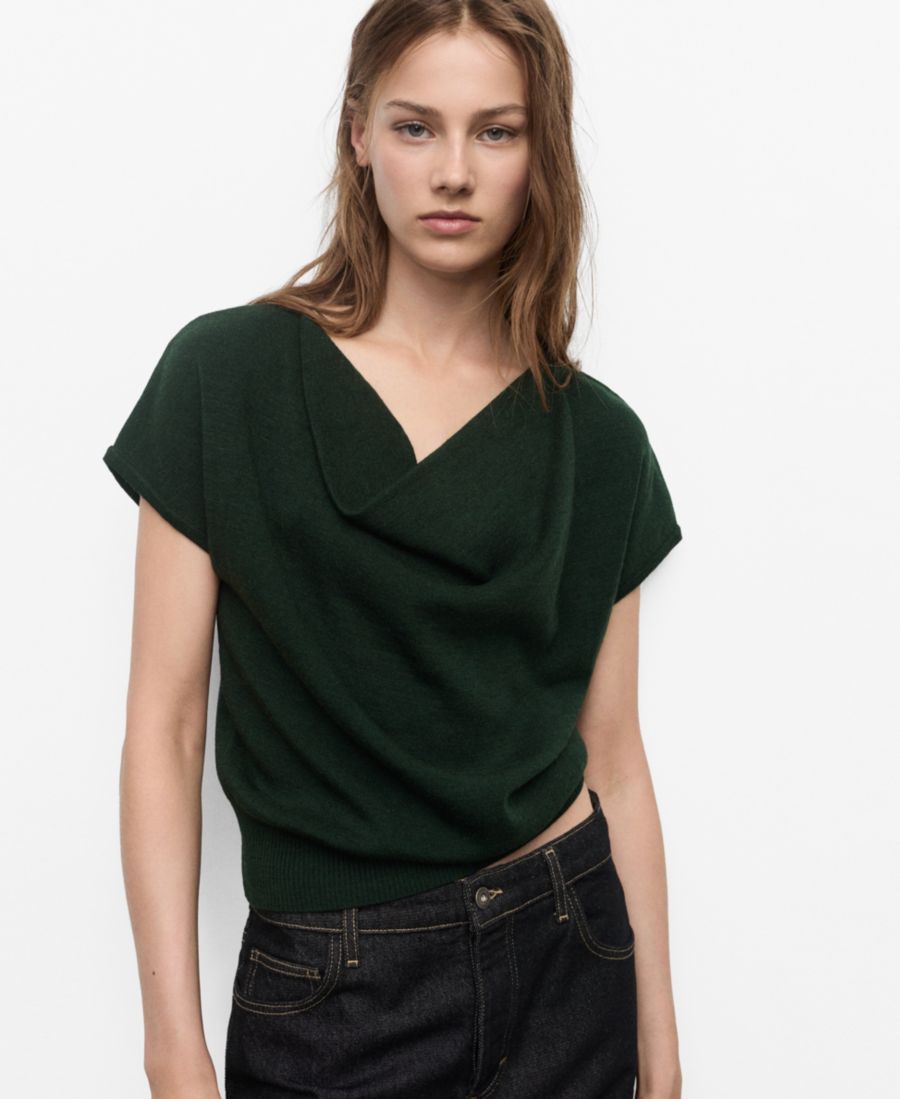

Женская блузка с драпированным вырезом и короткими рукавами MANGO, Dark Green
