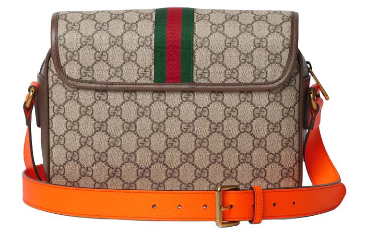 Gucci Сумка Ophidia из канваса с кожаной отделкой, наплечная сумка, сумка через плечо, мужская, бежевого, черного и оранжевого цвета — фото 4