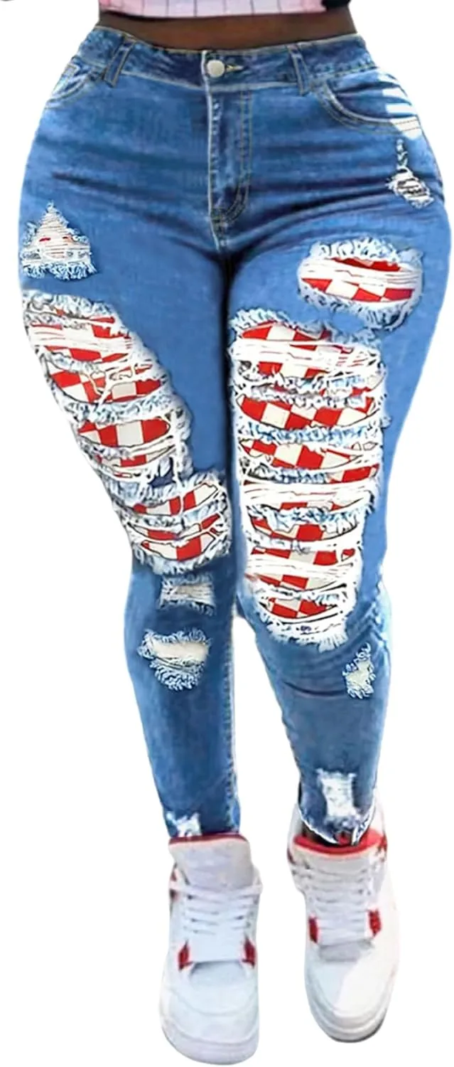 

Женские рваные джинсы с заплатками в клетку, зауженные, с высокой талией QLAUYIOE