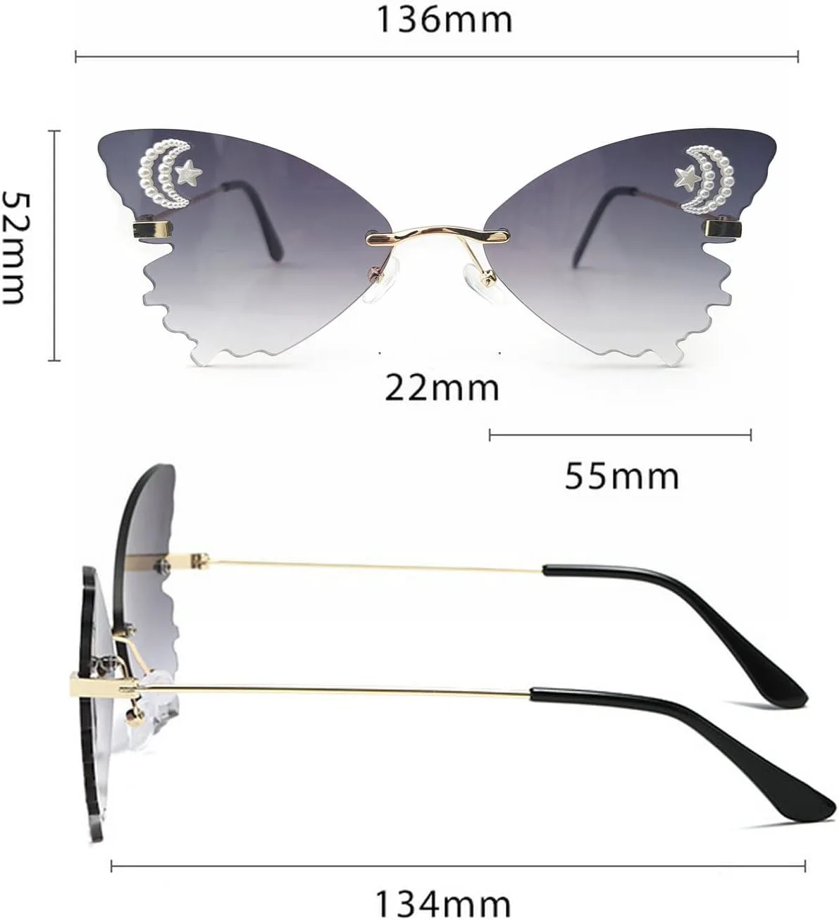 

Солнцезащитные очки Willochra Cute Diamond Butterfly Sunglasses Women Rimless в форме «кошачий глаз», с жемчужными стразами, розовые, для вечеринки, Black