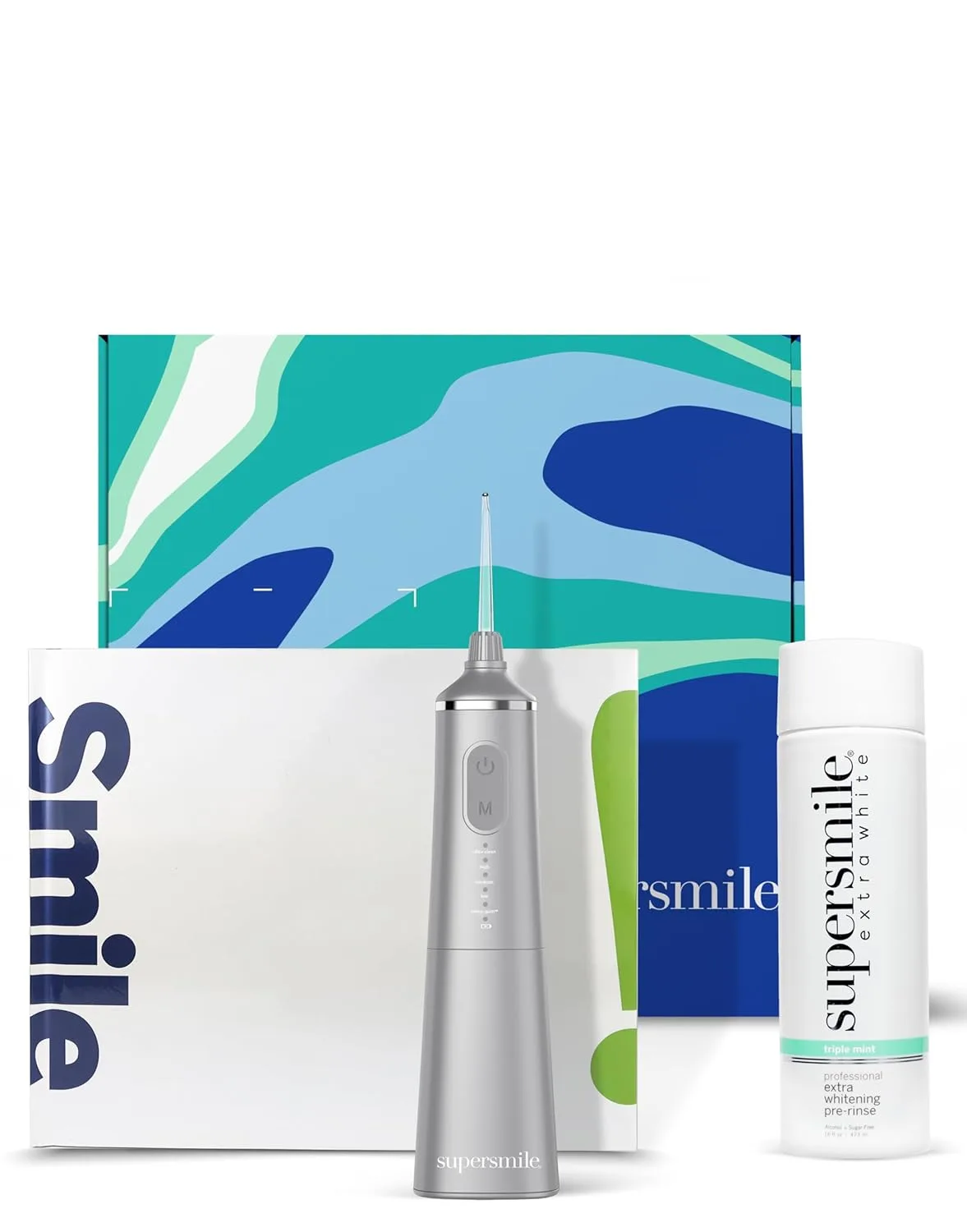 Supersmile Frosted Premium Self-Care Kit - отбеливающий ополаскиватель Extra Whitening Pre-Rinse 473 мл, профессиональный ирригатор Zina Water Flosser и Smile Book - отбеливает зубы в труднодоступных местах и поддерживает здоровье десен