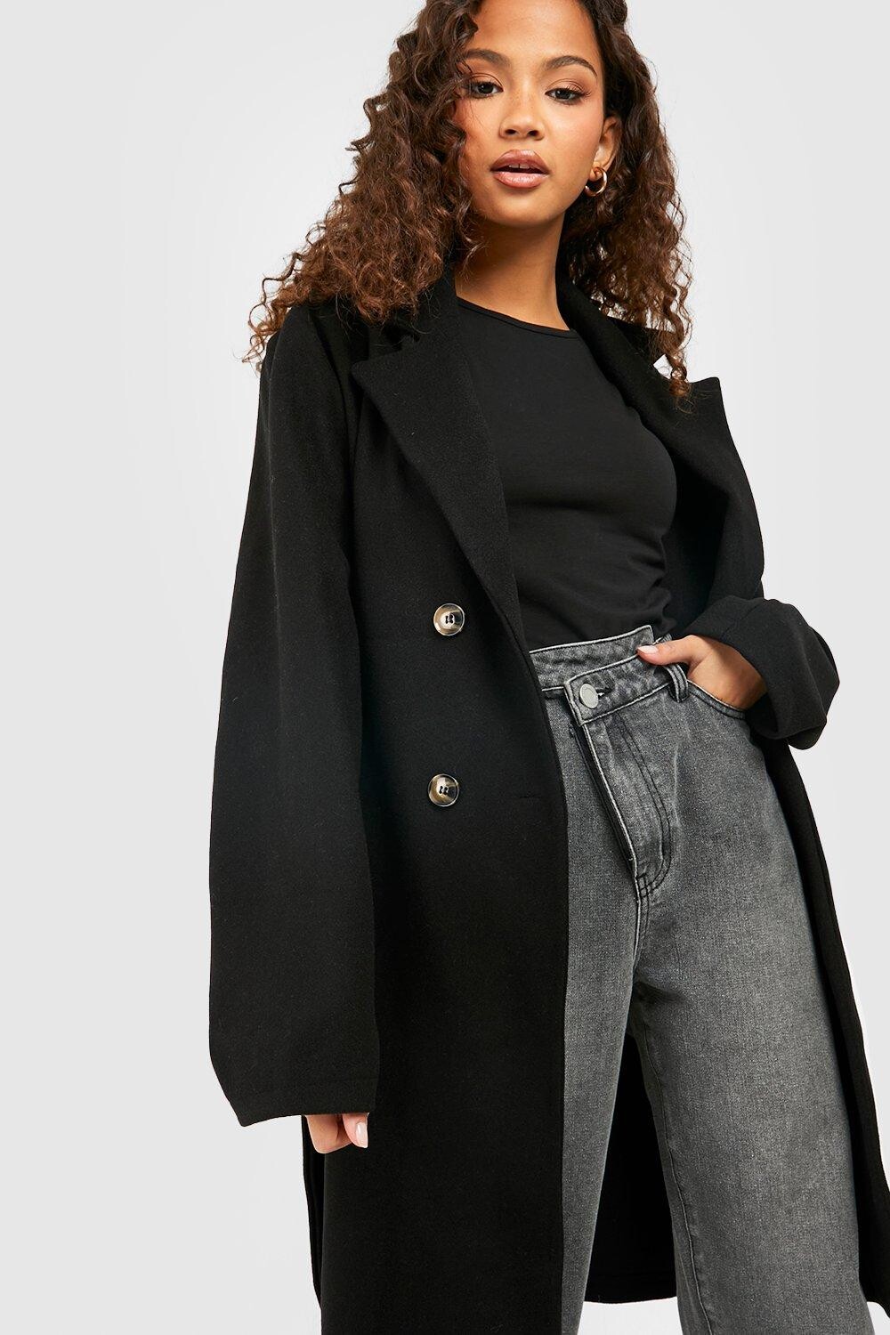 

Двубортное шерстяное пальто с поясом boohoo, черный