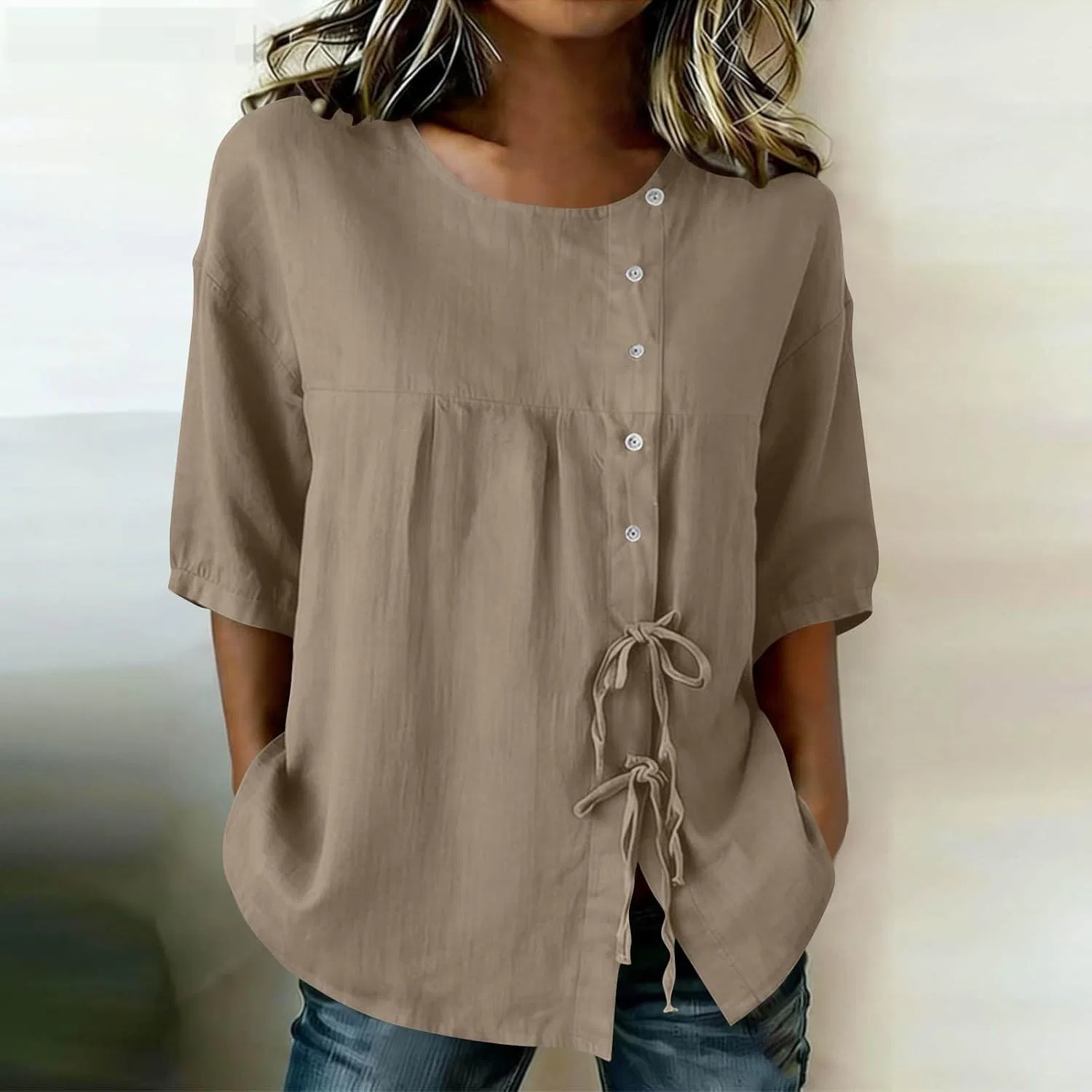 Женская блуза с бантом, Cotton Linen, цвет Khaki — фото 2