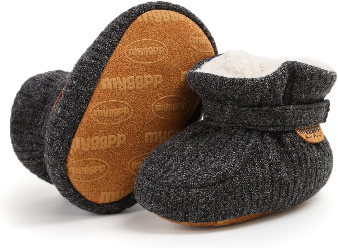 HsdsBebe Детские ботиночки на щиколотку для мальчиков и девочек, флисовые пинетки с противоскользящей резиновой подошвой, кроссовки для малышей, обувь для новорожденных для ходьбы и сна, B2081/Dark Grey — фото 3