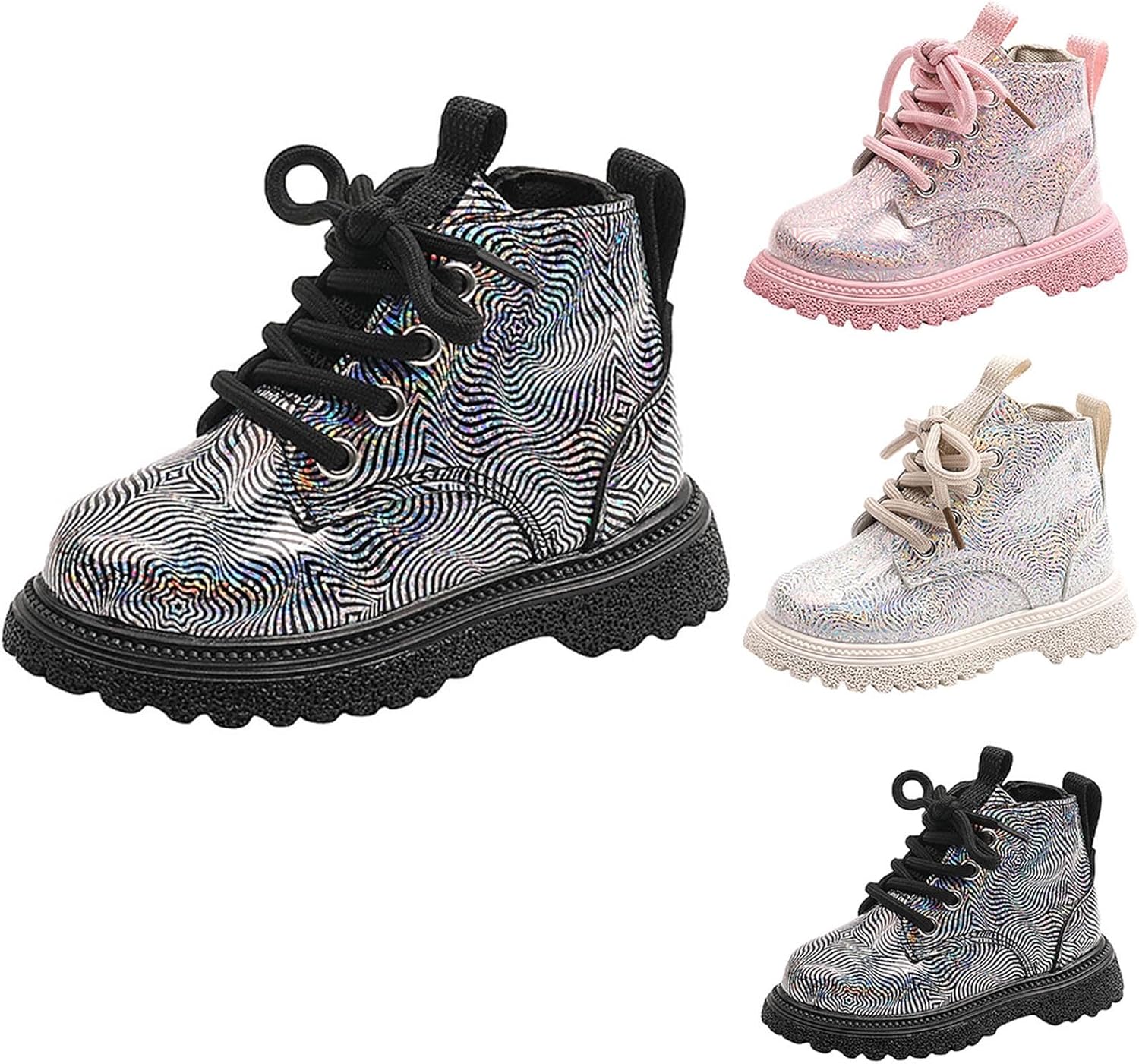 

Детские блестящие ботильоны для девочек, водонепроницаемые, на шнуровке, с боковой молнией, низкий каблук, удобные ботинки для мальчиков (1-6 лет) Generic, белый