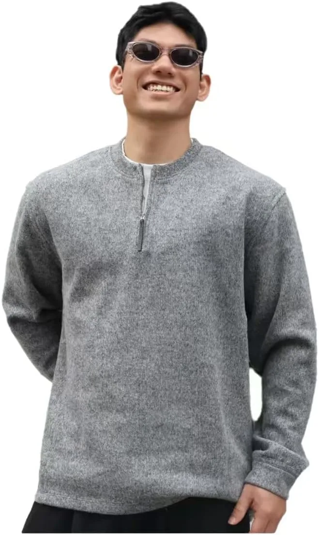 

Мужской свитер с четвертью молнии, серый, с длинными рукавами и стойкой