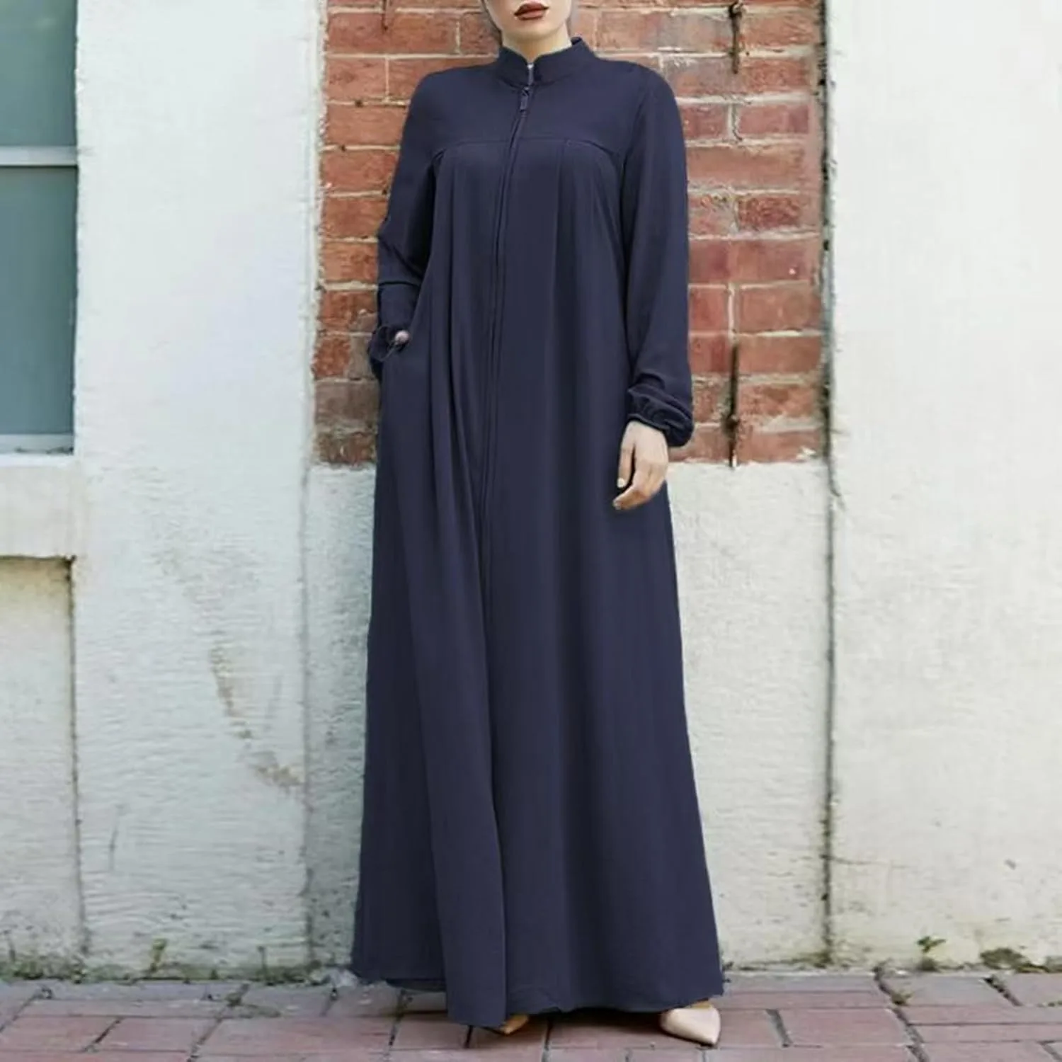 Абая для женщин Muslim Stand Collar с карманами, молнией и длинными рукавами, свободное макси-платье Dubai Robe Generic, темно-синий — фото 2