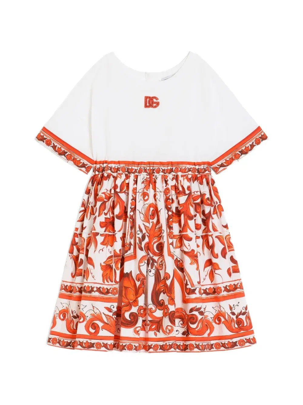 Платье из комбинированных материалов с принтом "Майолика" Dolce & Gabbana Kids, белый