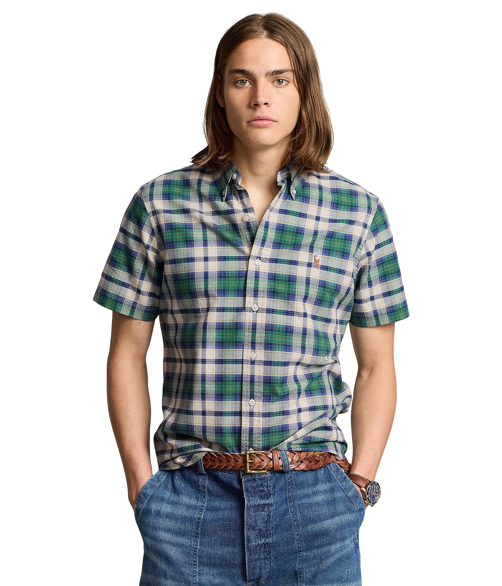 

Поло Polo Ralph Lauren Classic Fit Plaid Oxford Shirt, цвет White Green Multi