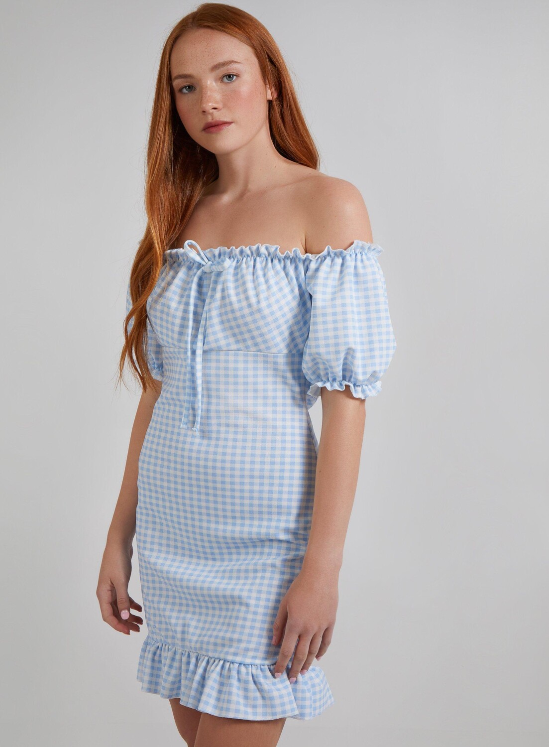 

Платье с открытыми плечами в клетку Gingham Gypsy Pink Vanilla, синий