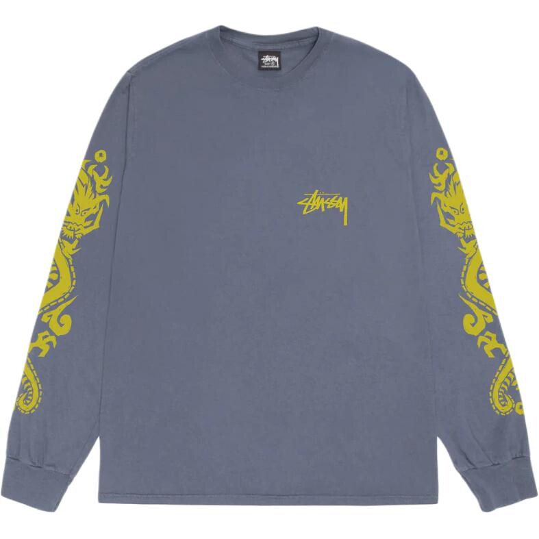 

Футболка с длинным рукавом и пигментным окрашиванием «Драконы» Stussy, индиго