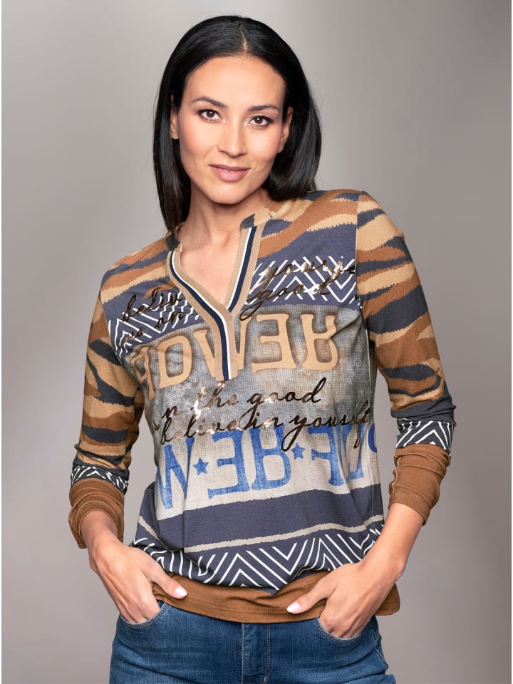 

Heine Футболка с длинными рукавами, с принтом в темно-синем и верблюжьем цветах