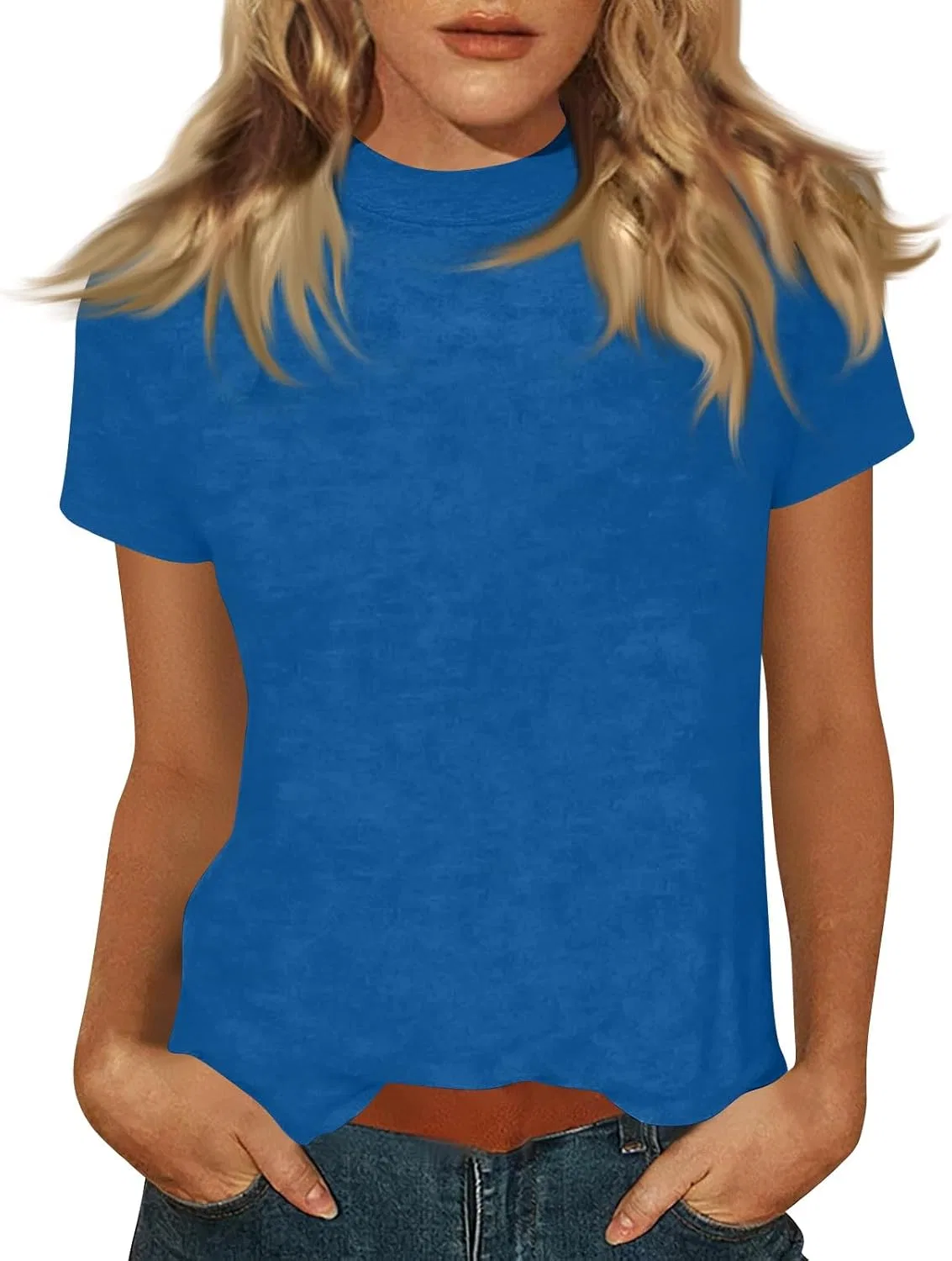 Блуза женская с имитацией воротника и коротким рукавом, тай-дай, B03-blue