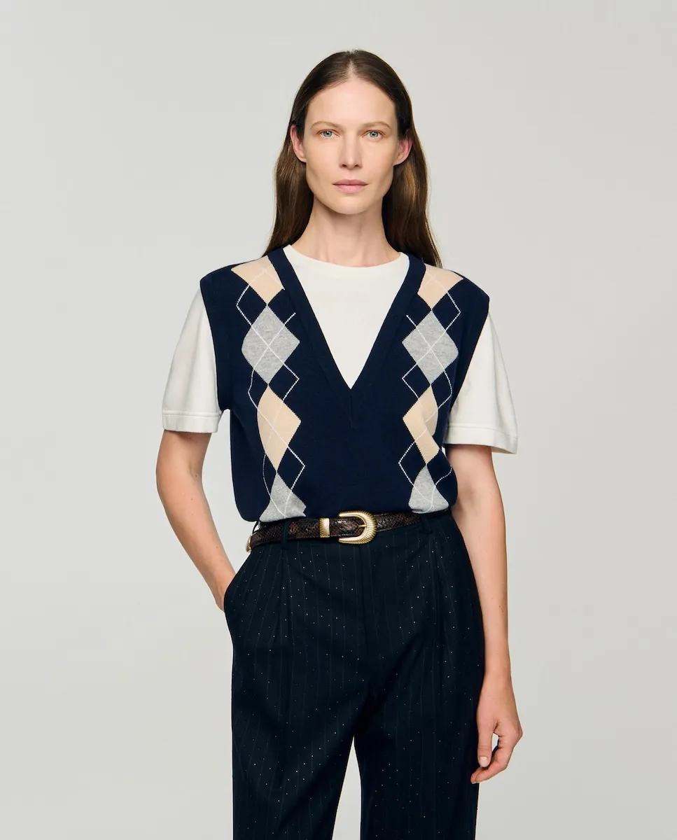 

Женский джемпер с узором ромбы в стиле обмана зрения Sandro, темно-синий