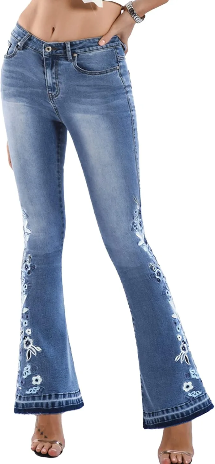 

SOMTHRON женские джинсы с цветочной вышивкой и расклешенным низом