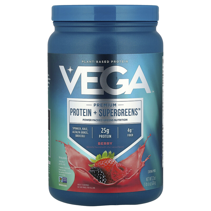 

Vega, Premium Protein + Supergreens , ягоды, 624 г (1 фунт 6 унций)