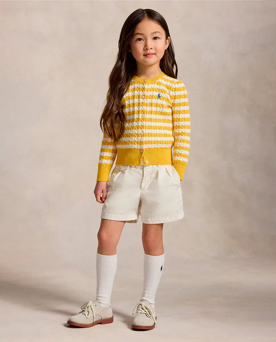 Детский хлопковый кардиган вязкой в косичку Polo Ralph Lauren, белый / желтый — фото 2