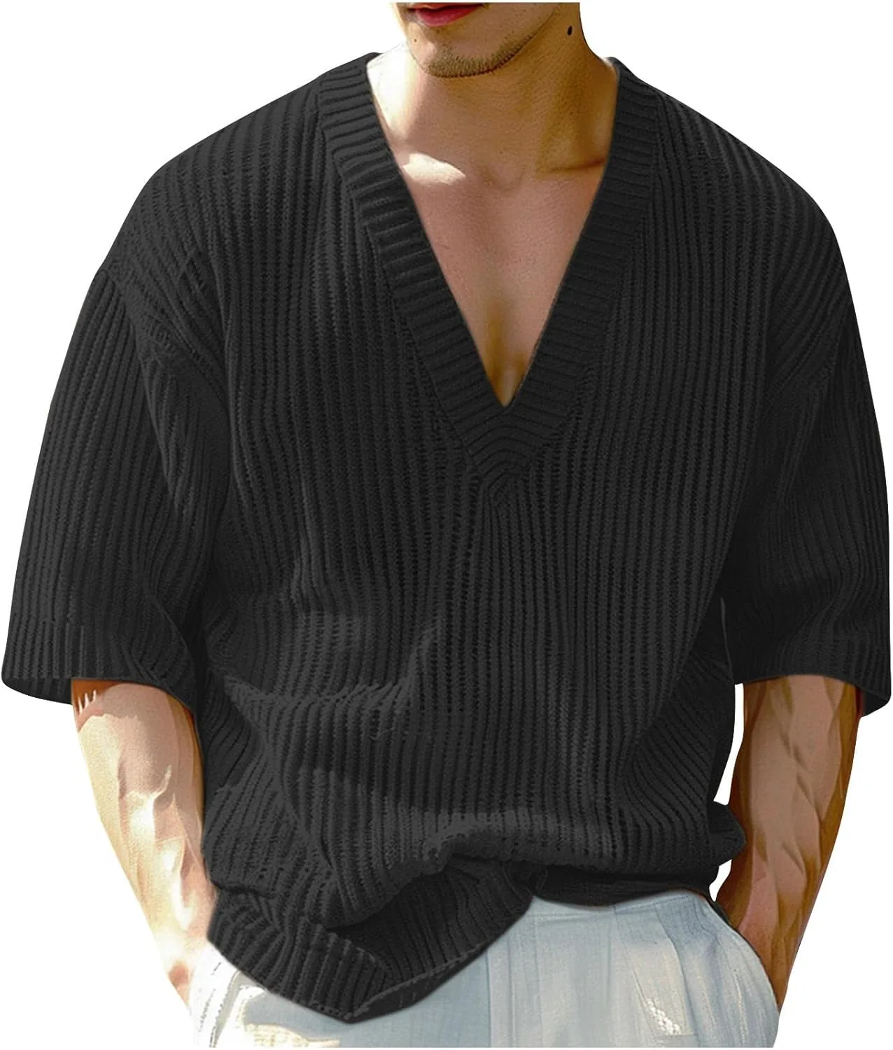 

Футболка Oversized для мужчин Ribbed Knit с коротким рукавом и глубоким V-вырезом FOCLMP