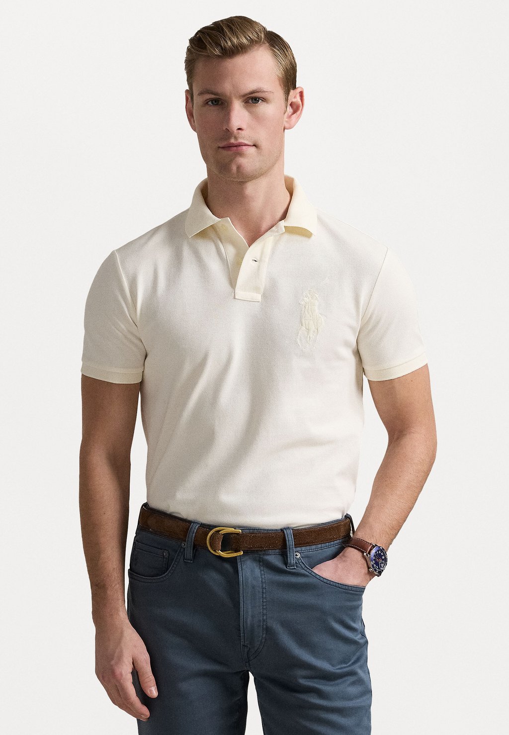 

Рубашка поло CUSTOM SLIM FIT BIG PONY MESH POLO SHIRT Polo Ralph Lauren, молочный