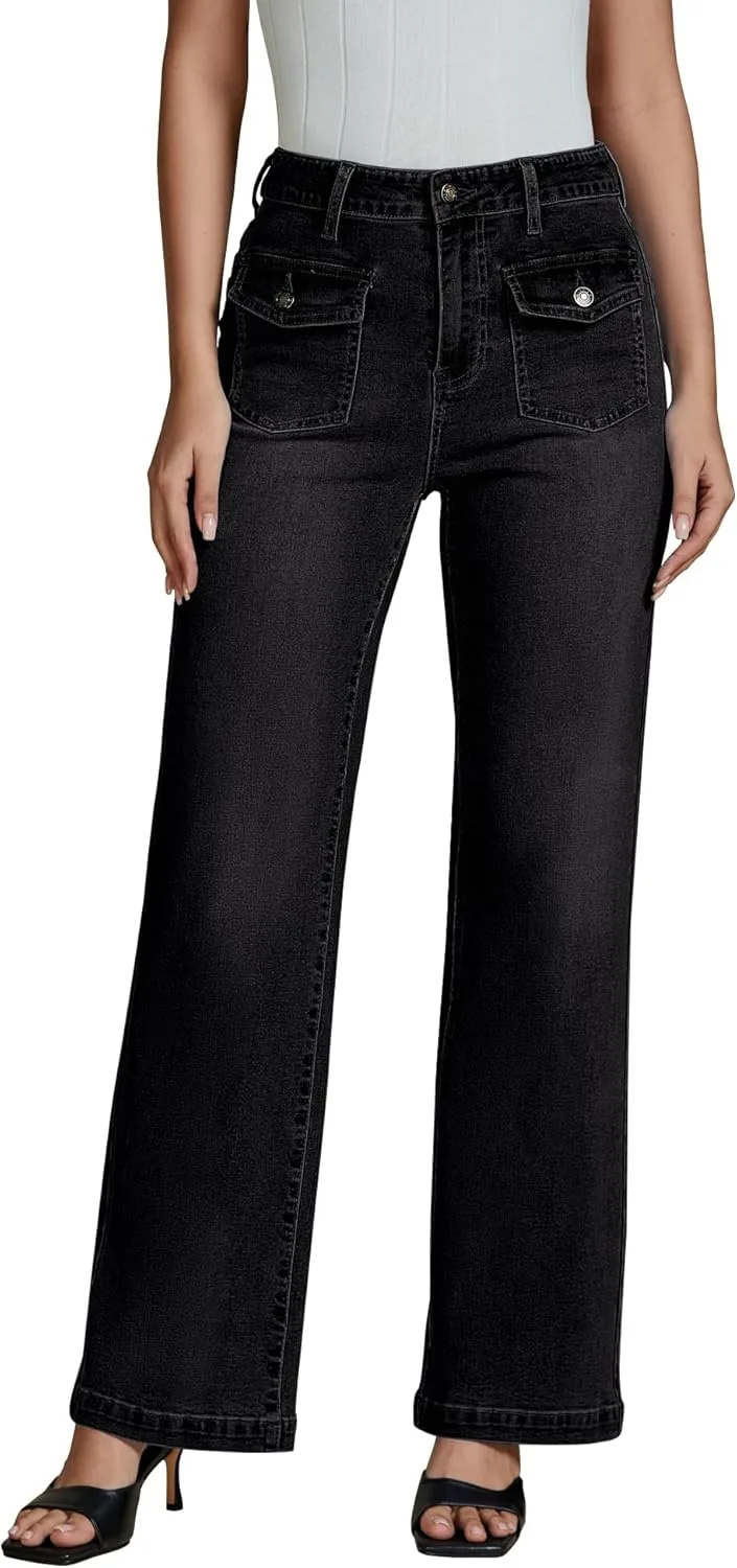 

Luvamia широкие джинсы женские High Waisted Stretchy Denim с ретро-клапанами