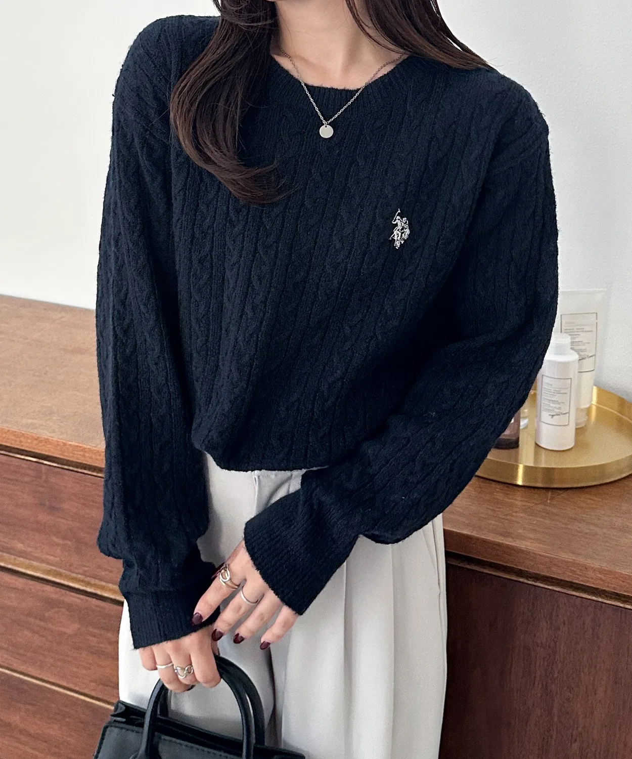 Джемпер U.S. POLO ASSN. с кабельным узором, тёмно-синий