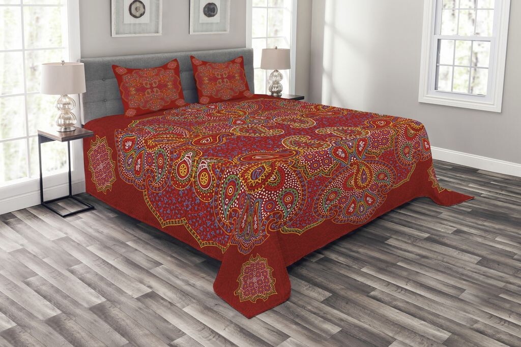 

ABAKUHAUS Комплект покрывала Red Mandala, персидский пейсли, комплект с моющимися наволочками, для односпальных кроватей 264 x 220 см, бордо-красный-белый