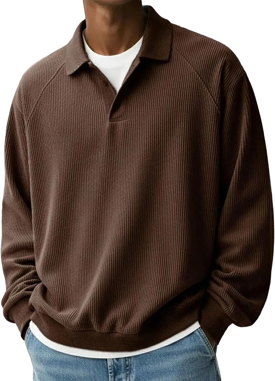 

Мужская повседневная вязаная поло с воротником, свитер-рубашка, осень-зима, длинный рукав, однотонный цвет, универсальный топ