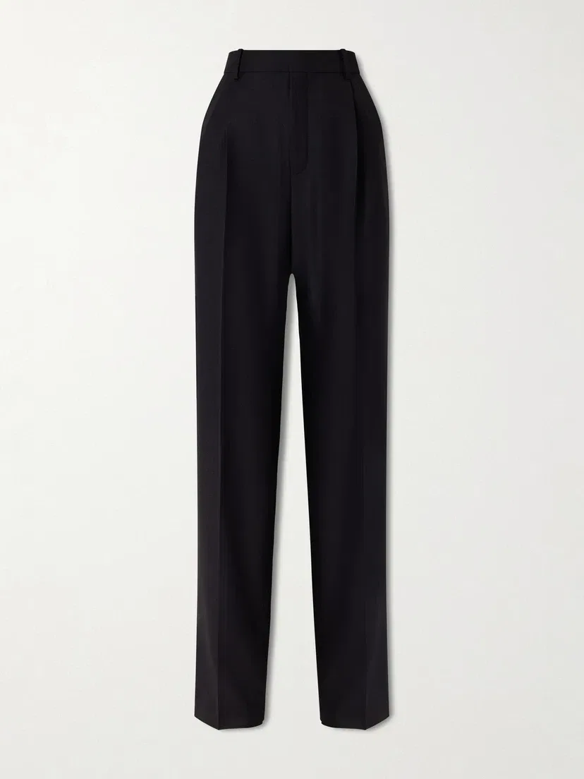 Прямые брюки из шерсти со складками SAINT LAURENT, черный