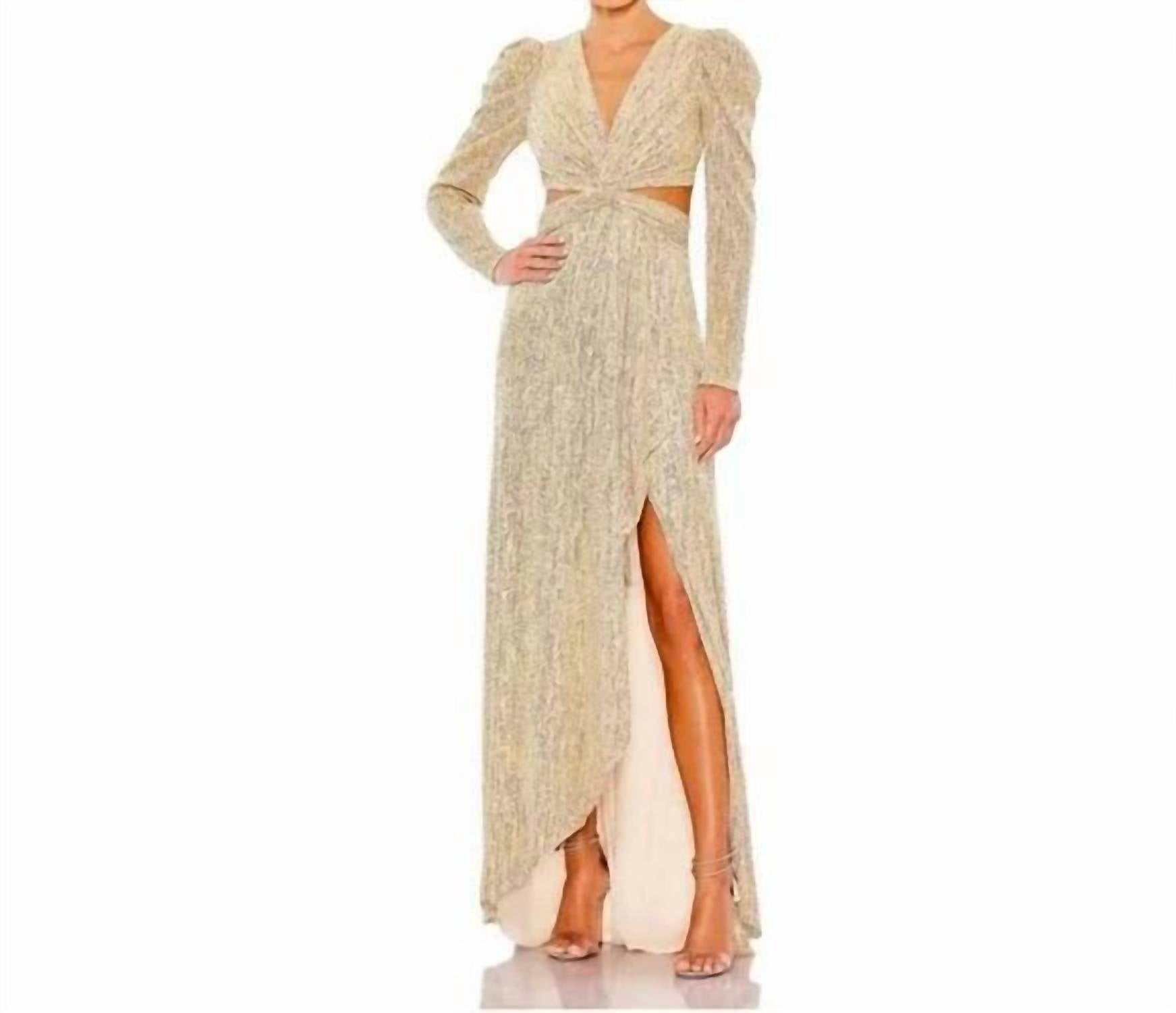 

Золотое платье с металлическим отливом, крученым передом, пышными рукавами и ажурными вырезами Mac Duggal