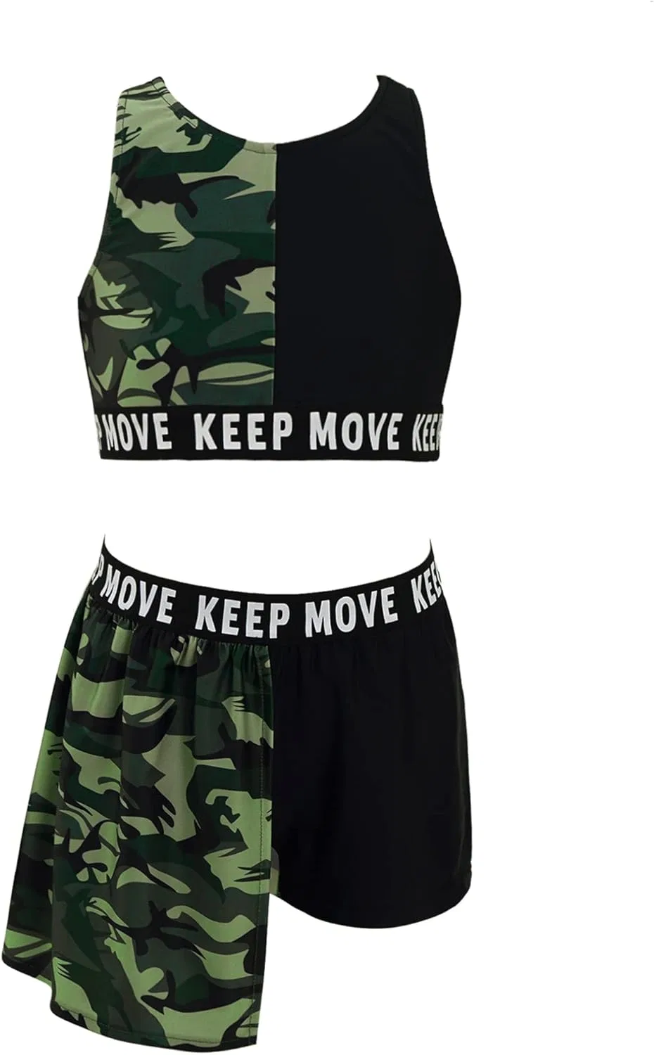Детский спортивный комплект FEESHOW, топ и шорты, Army Green