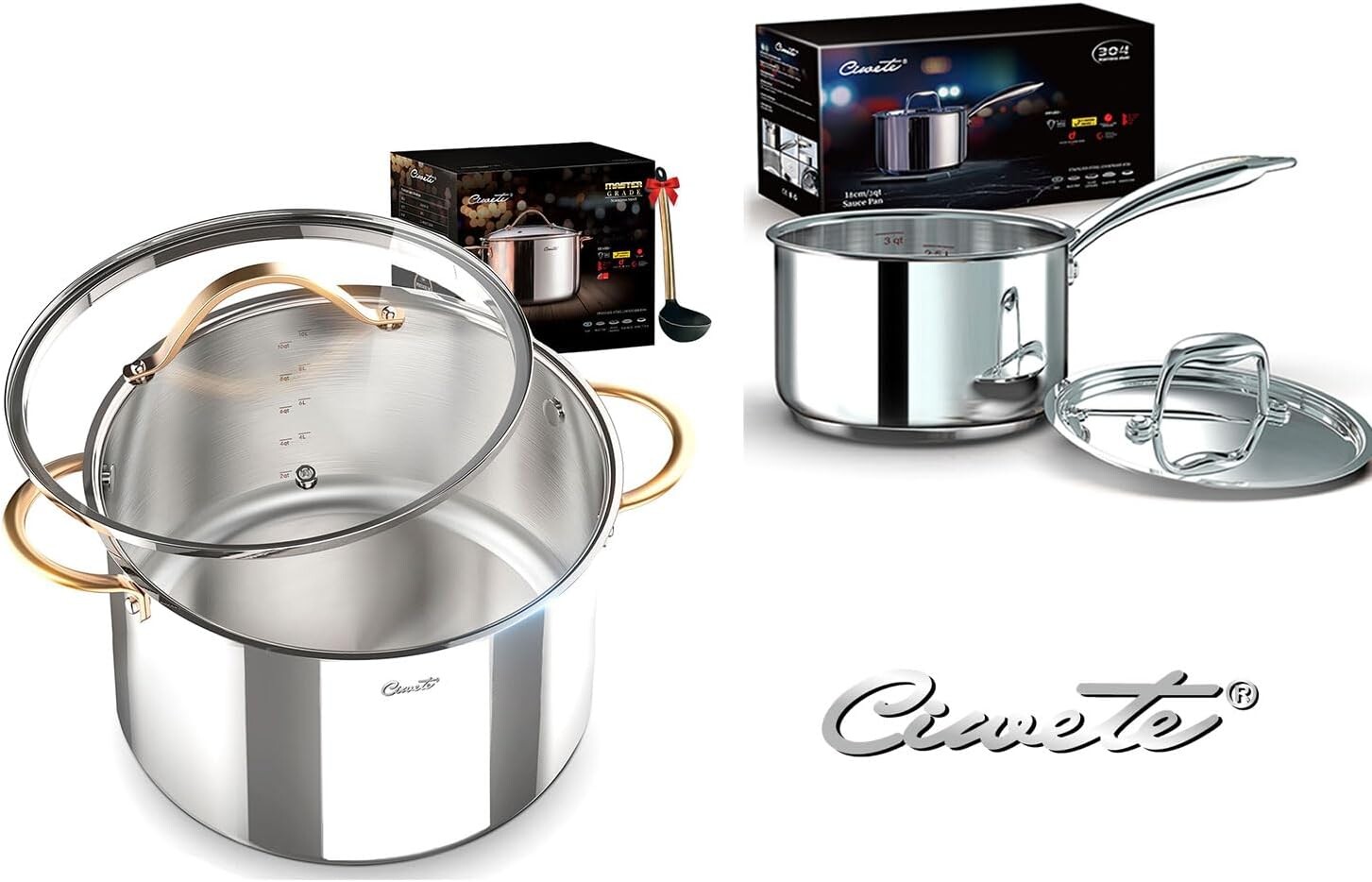 

Набор кастрюли и сацепана из нержавеющей стали (8 и 2 кварты) ciwete, Silver