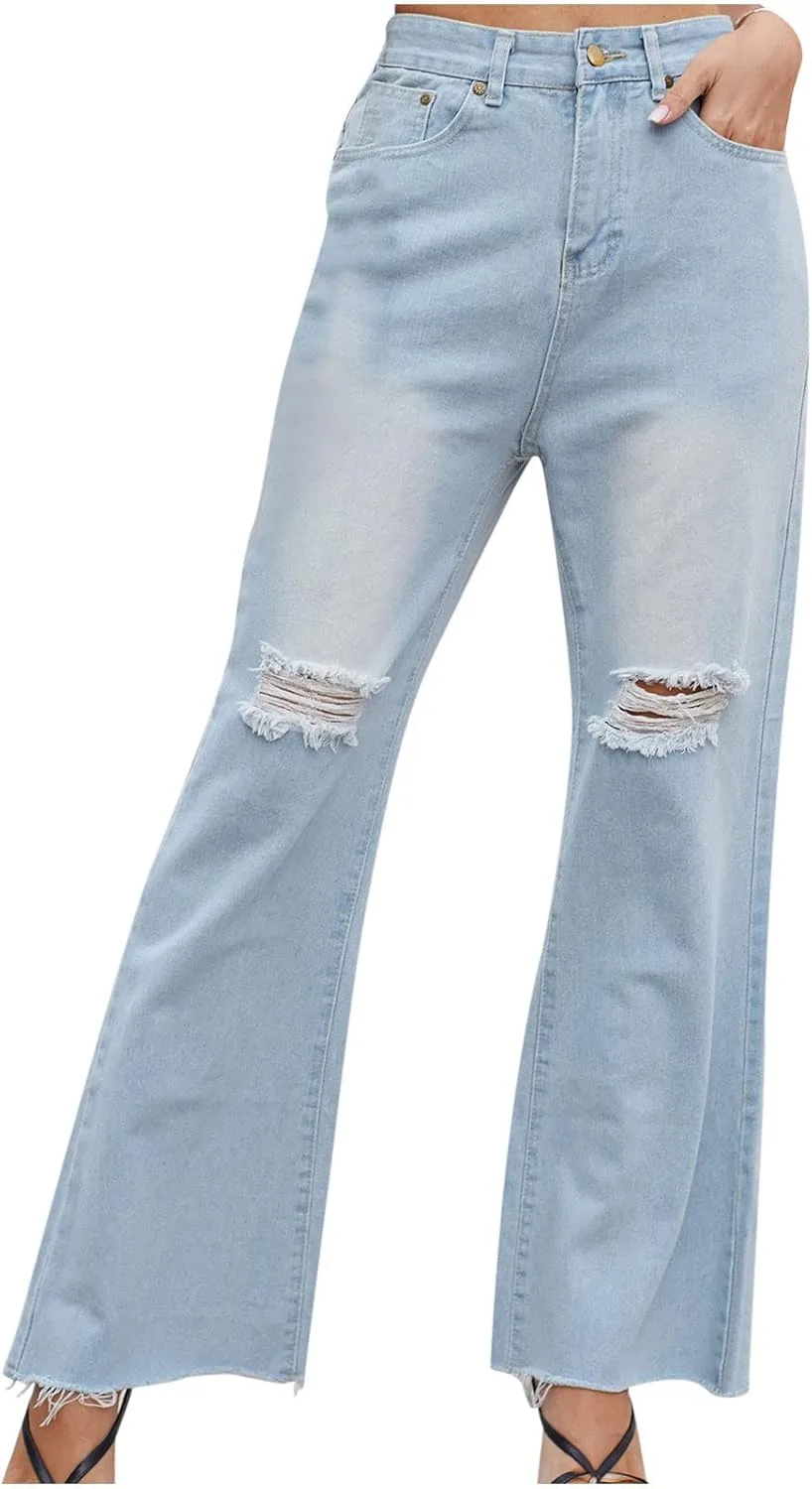 

Женские рваные джинсы с высокой талией и широкими штанинами