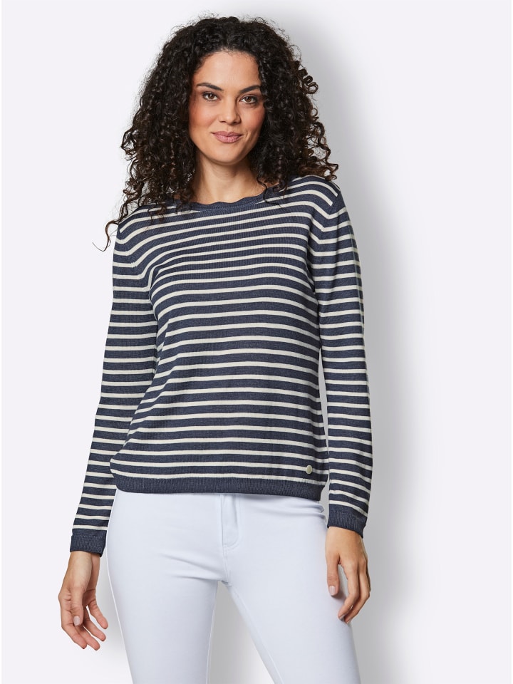 

Свитер с круглым вырезом в дымчато-сине-бежевую полоску creation L