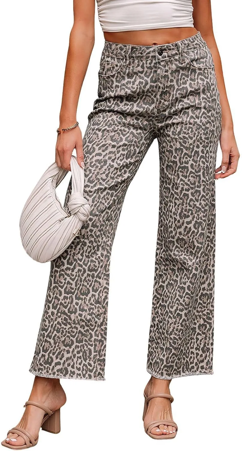 

ebossy Женские джинсы Mid Rise Cheetah Leopard Print Wide Leg Relax Fit