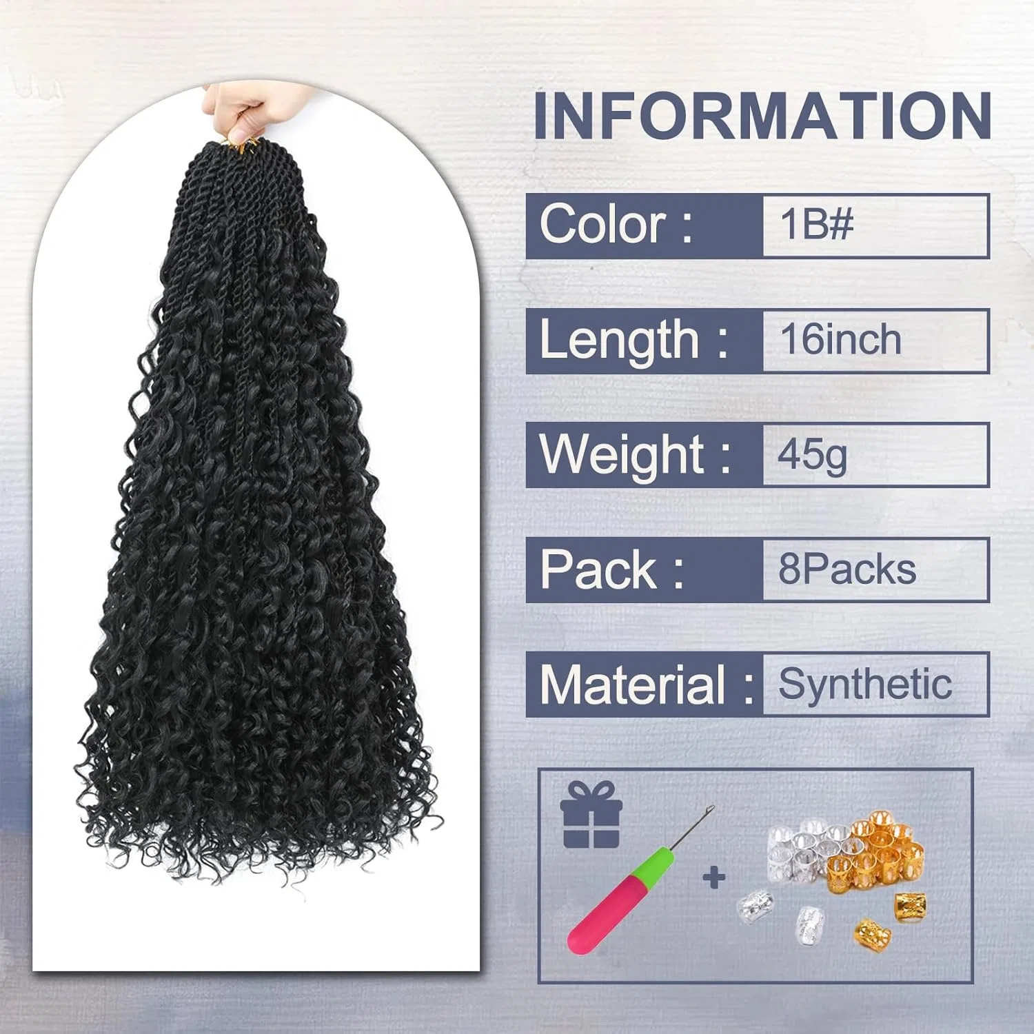 Набор для плетения сенегальских кос Senegalese Twist Crochet Hair 8 упаковок 16 дюймов Auxemuen, 1B — фото 2