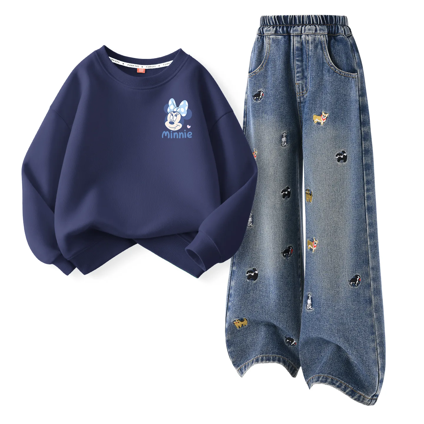 Детская повседневная спортивная футболка с круглым вырезом Disney, Di L Cute Nini Navy Blue+Solid Color Denim Blue