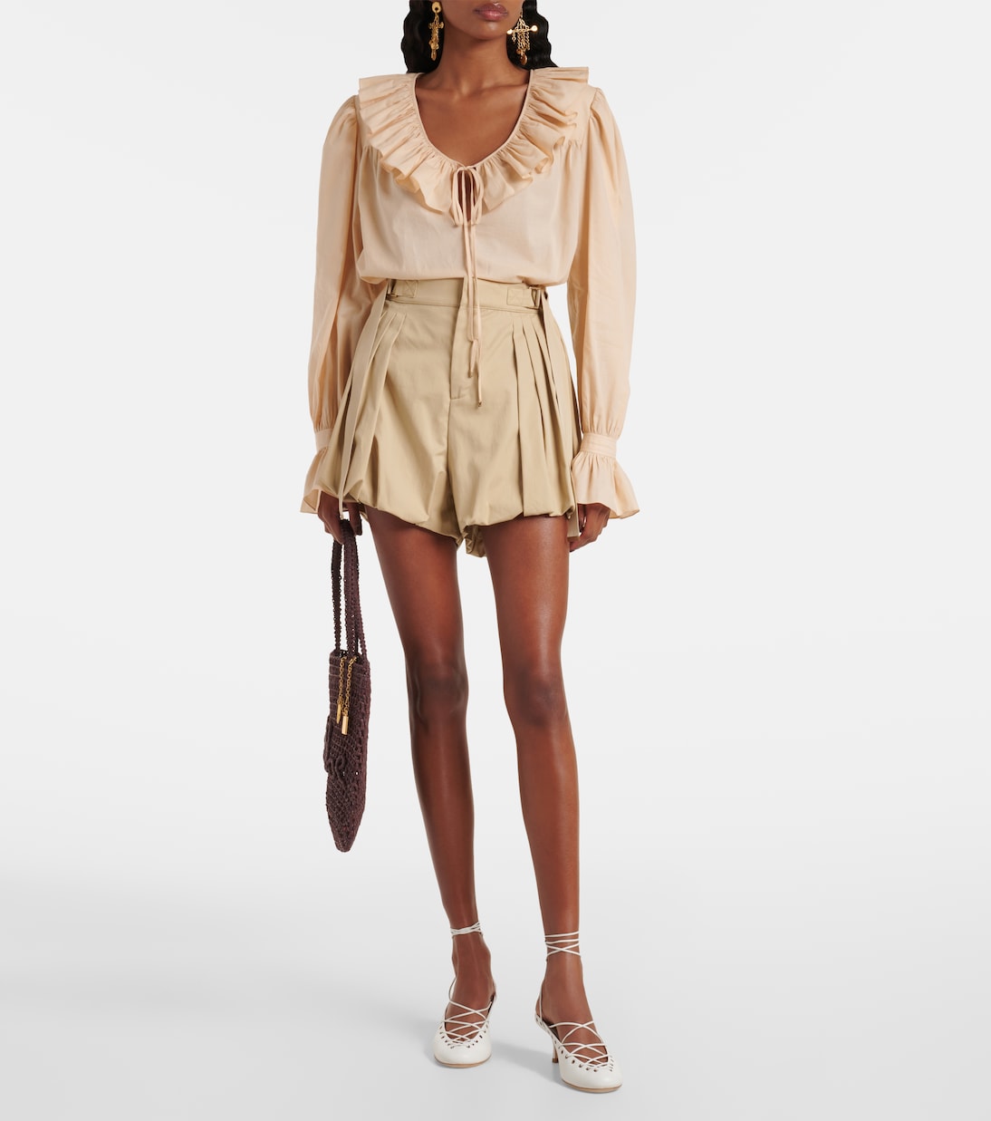 Блузка из хлопкового вуаля с рюшами Chloé, Sand Brown — фото 2