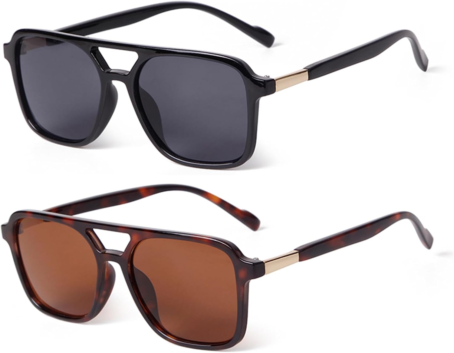 

VIA LEECA, комплект из 2 ретро-солнцезащитных очков-авиаторов для женщин и мужчин, модные квадратные солнцезащитные очки в стиле 70-х годов, Black Frame Grey Lens / Brown Tortoise Frame Brown Lens